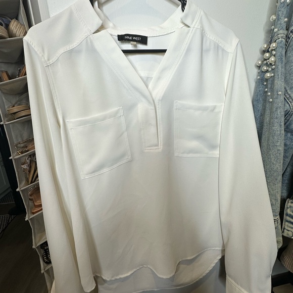 Nine West White Boxy Blouse with Mandarin Collar - Picture 3 of 6